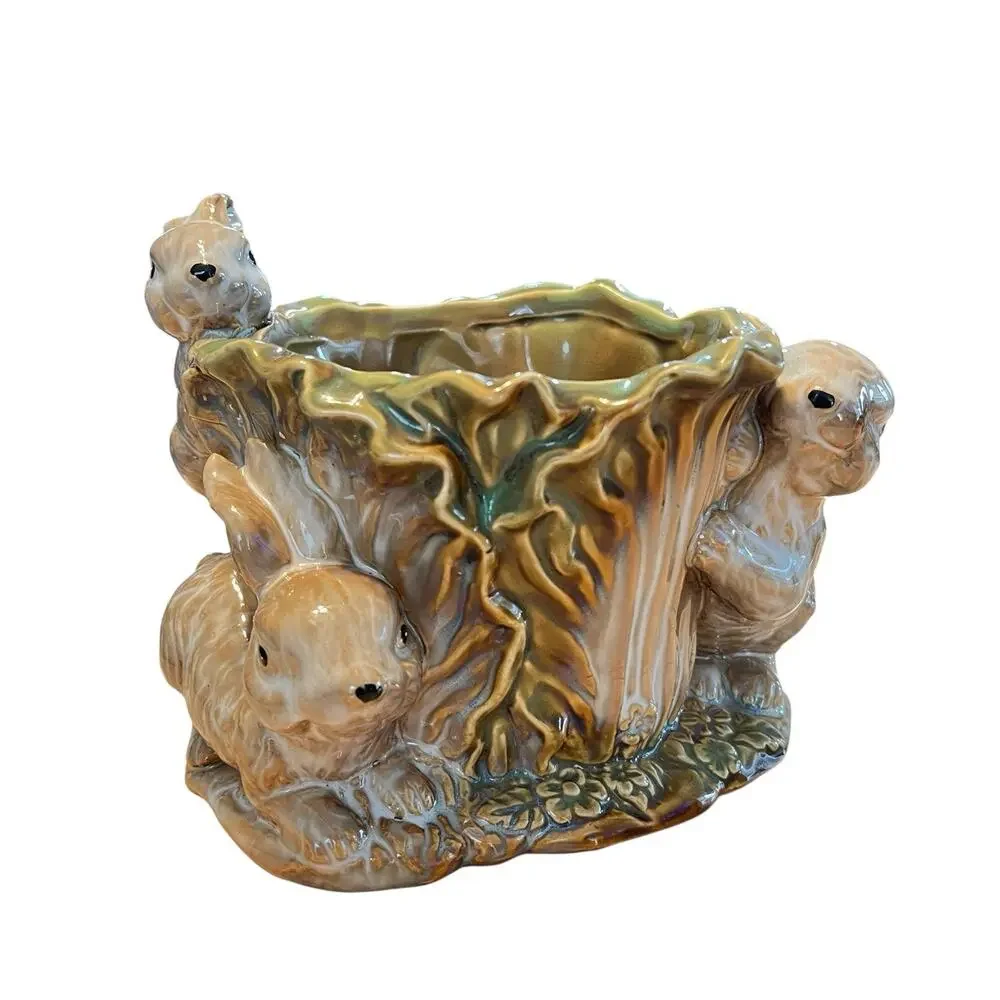 Bunny Rabbit Planter Vintage Ceramic Cabbage Peter Rabbit Glazed Retro Country